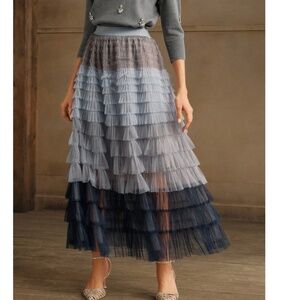 Classic Color Block Stretchy Waist Layered Tulle Maxi Skirt